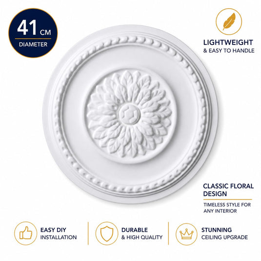 Ceiling Rose K10 Premium 41 cm Large - Floral Ceiling Medallion for Light Fittings & Chandeliers