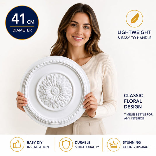 Ceiling Rose K10 Premium 41 cm Large - Floral Ceiling Medallion for Light Fittings & Chandeliers