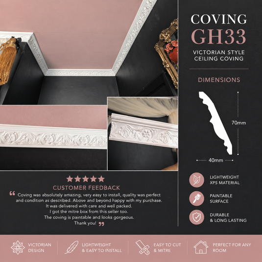 Victorian Coving for Wall Ceiling GH33 40x70mm Lightweight XPS