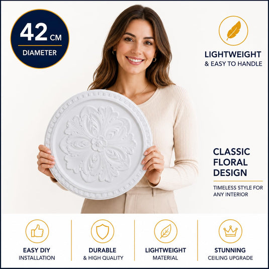 Ceiling Rose K12 Premium 42 cm Large - Floral Ceiling Medallion for Light Fittings & Chandeliers