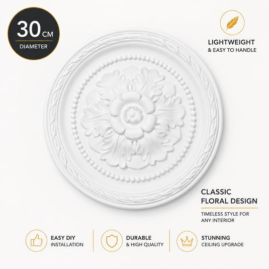 Ceiling Rose K8 Premium 30 cm Medium - Floral Ceiling Medallion for Light Fittings & Chandeliers