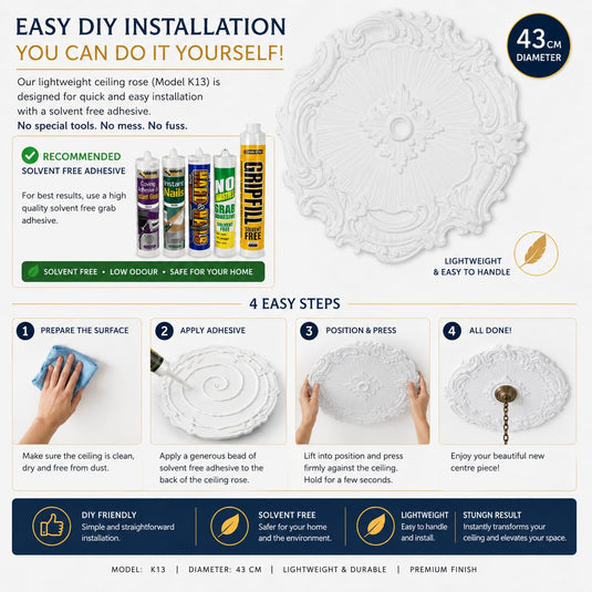 Ceiling Rose K13 Premium 43 cm Medium - Floral Ceiling Medallion for Light Fittings & Chandeliers
